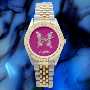 Montre Papillon Diamant Blanc, Nom du script, Fuchsia pro