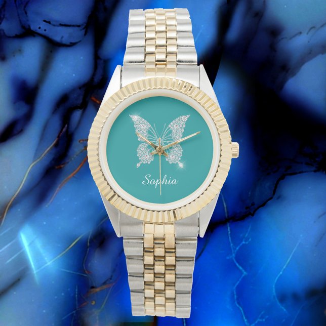 Montre Papillon Diamant Blanc, Nom du script, Turquoise p (Créateur téléchargé)