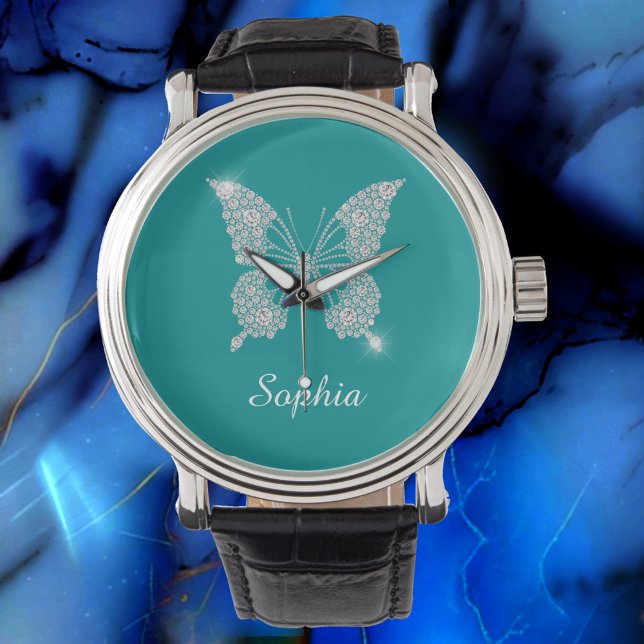 Montre Papillon Diamant Blanc, Nom du script, Turquoise p (Créateur téléchargé)