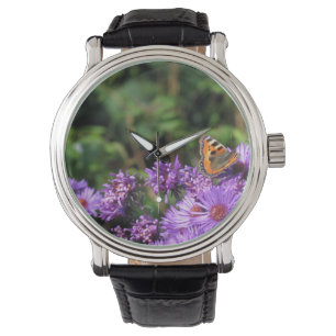 Montre Papillon monarque et fleurs violettes