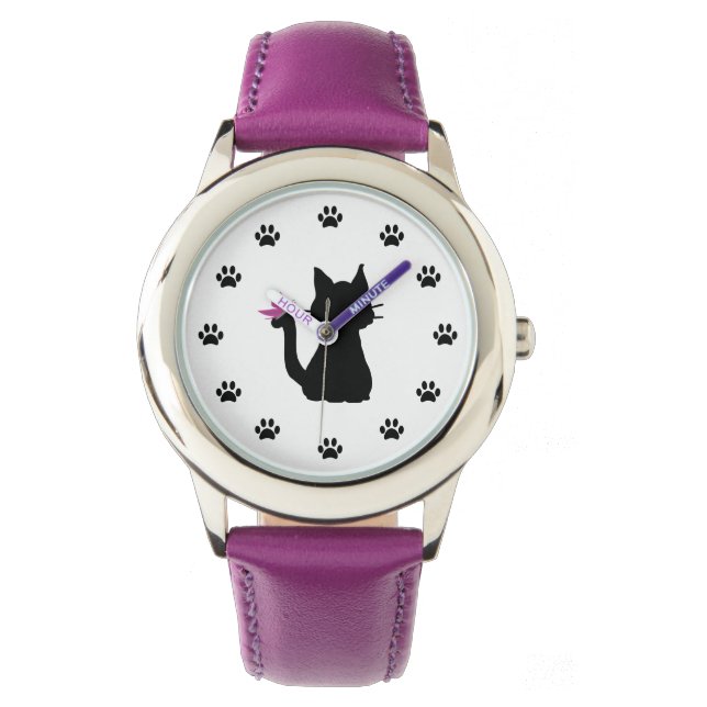 Montre Papillon rose Silhouette de chat noir (devant)