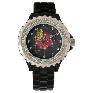 Montre Papillon sur rose rouge avec étoiles et gouttes de