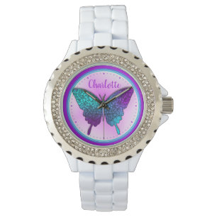Montre Papillon Turquoise violet Ombre mou Personnalisé
