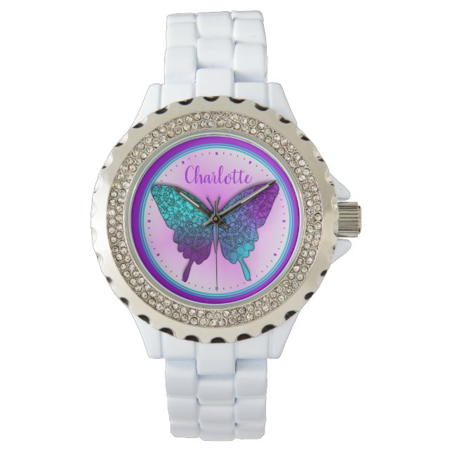 Montre Papillon Turquoise violet Ombre mou Personnalisé (devant)