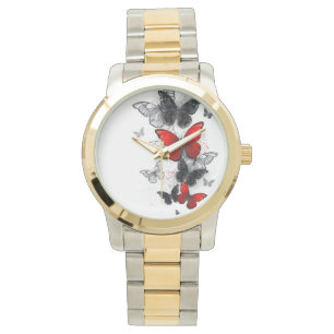 Montre Papillons noirs et rouges volants