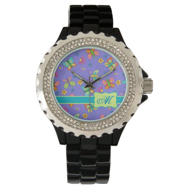 Montre Papillons Whimsy modernes sur Monogramme violet (devant)