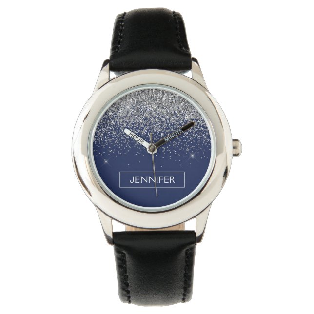 Montre Parties scintillant bleue Silver Navy Girl Monogra (devant)