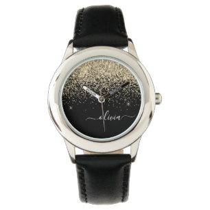 Montre Parties scintillant Noir Or Script Monogramme Nom