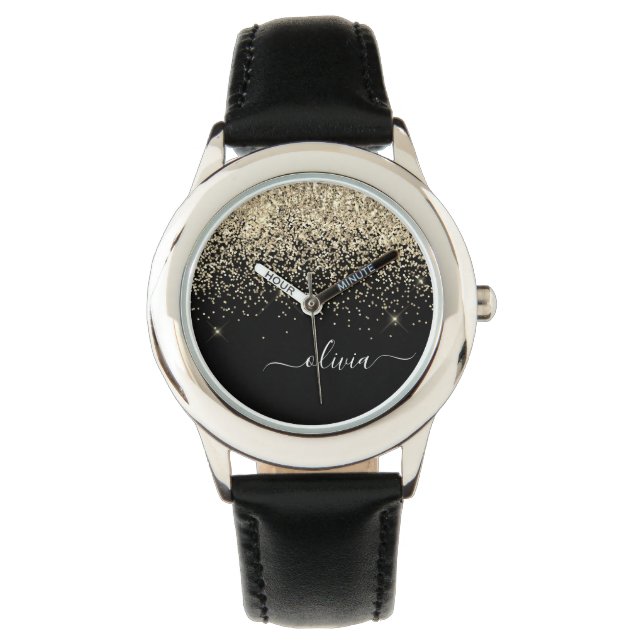 Montre Parties scintillant Noir Or Script Monogramme Nom  (devant)