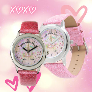 Montre Parties scintillant or rose Unicorn Visage arc-en-