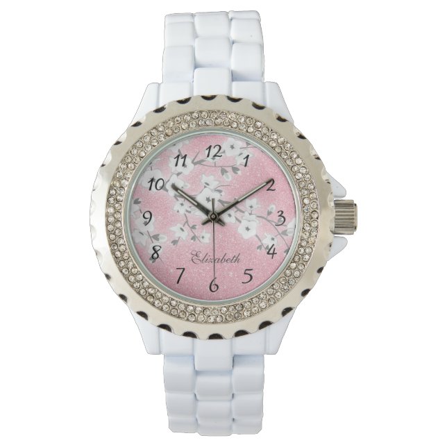 Montre Parties scintillant rose cerise en fleurs | Monogr (devant)