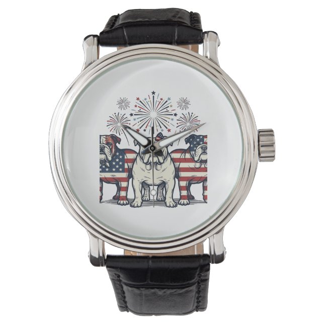 Montre Patriotic Bulldog Fireworks Vintage Engraving Desi (devant)