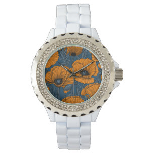 Montre Pavot orange sur bleu foncé