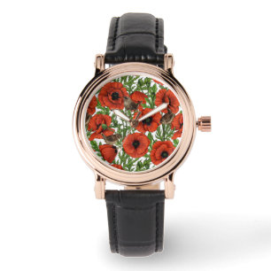 Montre Pavot rouge et brindilles, feuilles verts sur blan