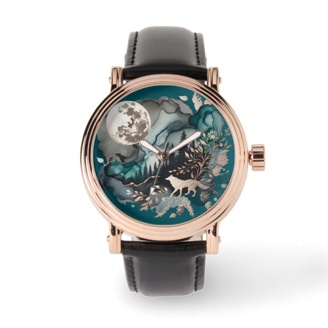 Montre Paysage de loup et lune or Turquoise (Recto)