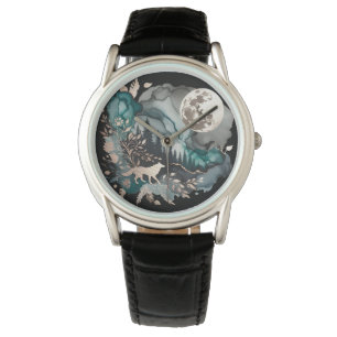 Montre Paysage de loup et lune or Turquoise