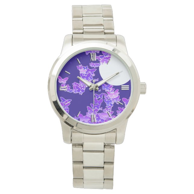 Montre Paysage lunaire avec papillons - lilas, bleu foncé (devant)