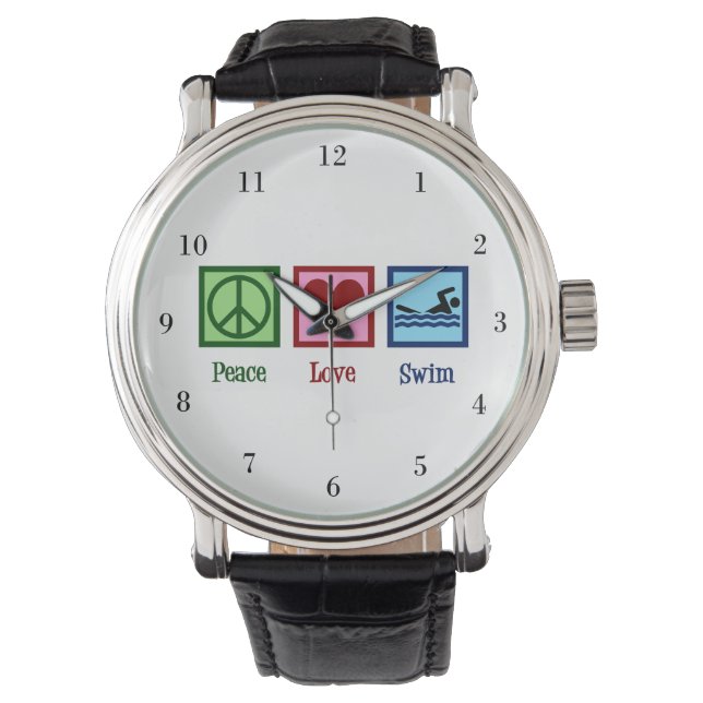 Montre Peace Love Natation Cute Swim Team (devant)