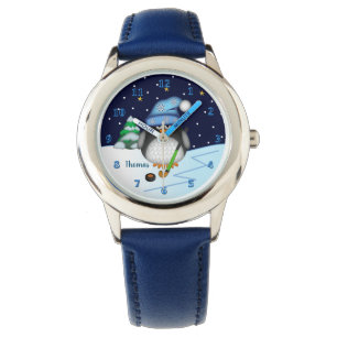 Montre Penquin de hockey mignon avec nom personnalisé