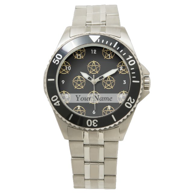Montre Pentagramme noir et or (devant)
