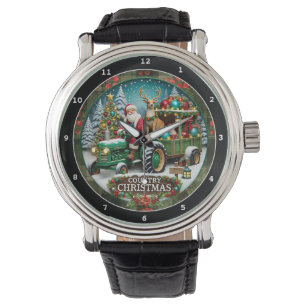 Montre Père Noël de Noël à la campagne sur un tracteur 