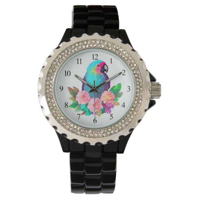 Montre Perroquet bleu tropical aux fleurs tropicales (devant)