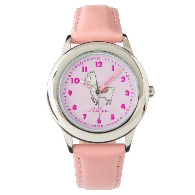 Montre Personalized Pink Rainbow Llama Girls Learn Time (devant)