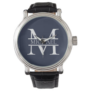 Montre Personnalisé Elegant Navy Blue Monogramme et nom