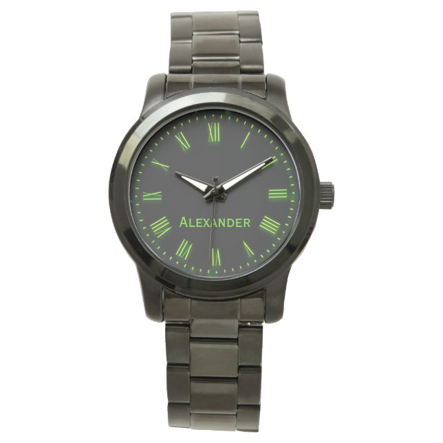Montre Personnalisé Nom Vert Noir Classique Élégant Romai (devant)
