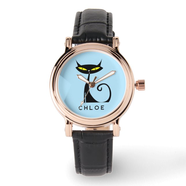 Montre Personnalisé Retro Mid Century moderne Chat noir a (Recto)