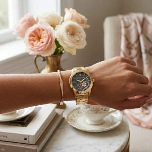 Montre personnalisée à fleurs en or