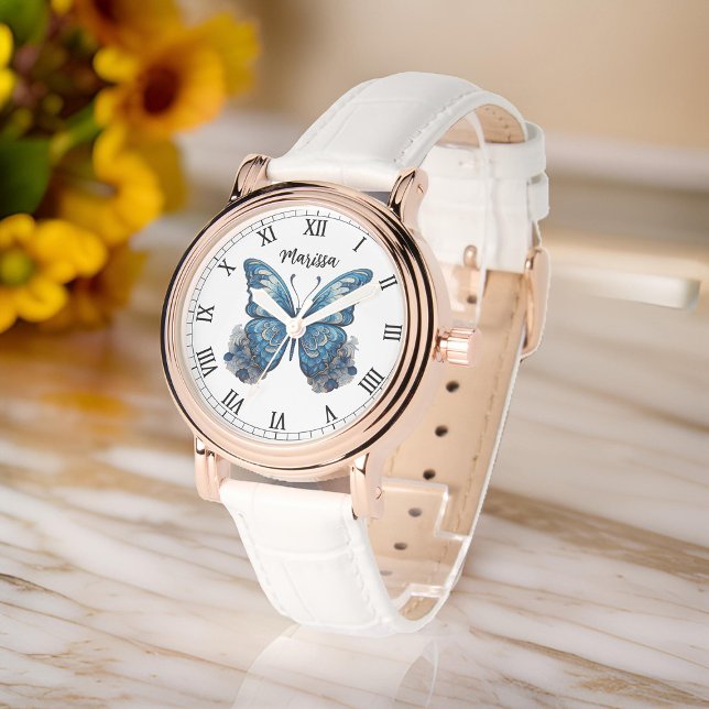 Montre Personnaliser le nom Elegant Blue Butterfly Womens (Womens' watch feature an adorable blue tones butterfly illustration, with space to add name)