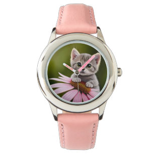 Montre Petit chat gris floral mignon