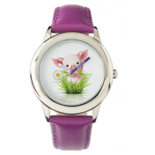 Montre Petit cochon rose dans l'herbe verte