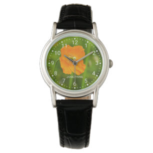 Montre Photo de Fleur de Pavot Orange sur Fond Vert et No