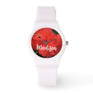 Montre Photo Orange Double Hibiscus Nom personnalisé