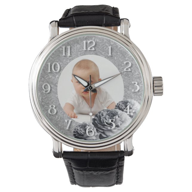 Montre Photo personnalisée/ Cadre Rose BW (devant)