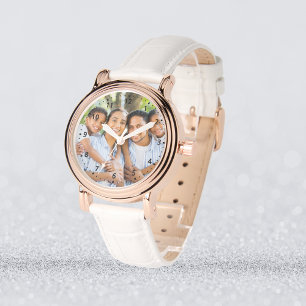 Montre Photo personnalisée - Or et cuir blanc Rose