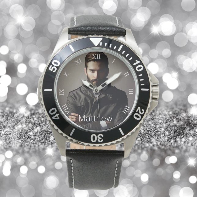 Montre Photo personnalisée petit ami mari monogramme blan (Créateur téléchargé)