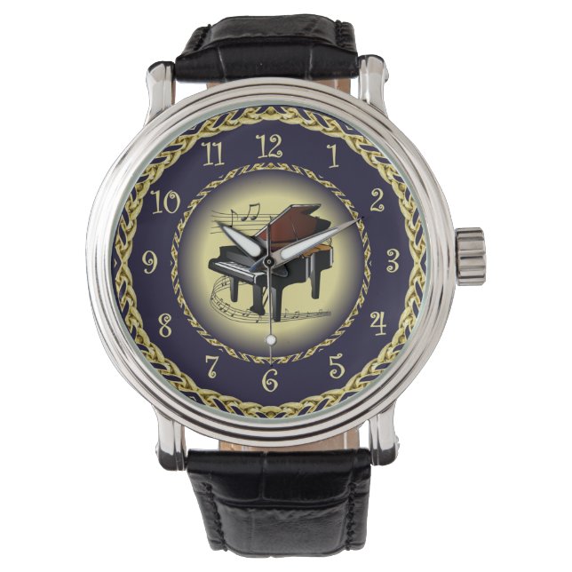 Montre Piano Musical Scroll ~ Gold et Navy Blue ~ (devant)