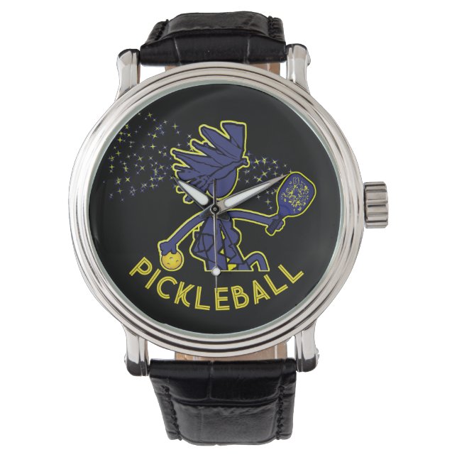 Montre Pickleball Fun Blue sur Black Wrist Watch (devant)