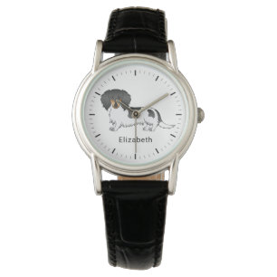 Montre Piebald Noir Et Tan Cheveux Long Dachshund & Nom