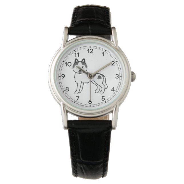 Montre Piebald noir Sibérien Husky mignon chien de dessin (devant)
