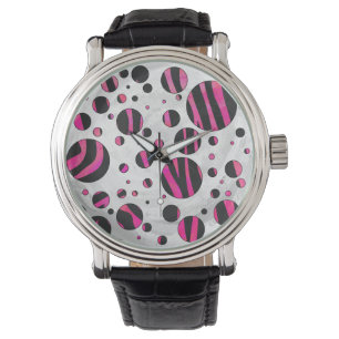 Montre Piloka Dot Zebra noir et rose chaud