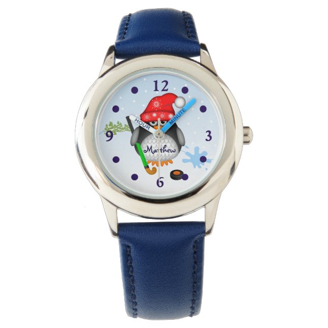 Montre Pingouin de hockey mignon avec nom personnalisé (devant)
