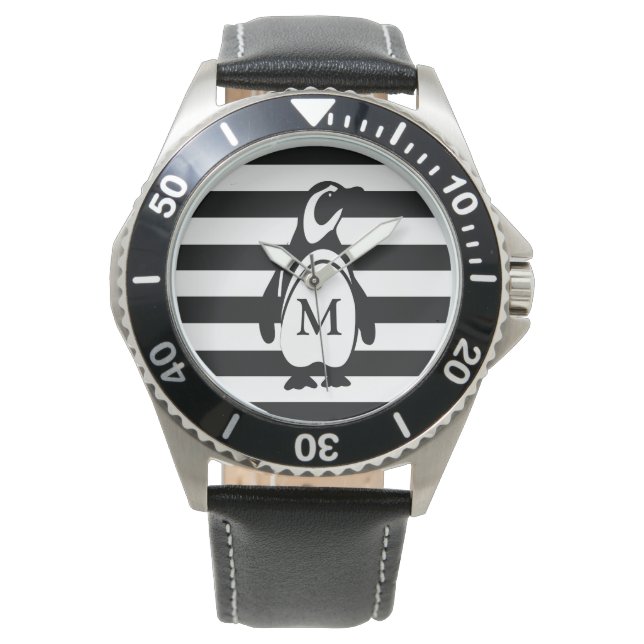 Montre Pingouin noir et blanc rayures Monogramme moderne (devant)