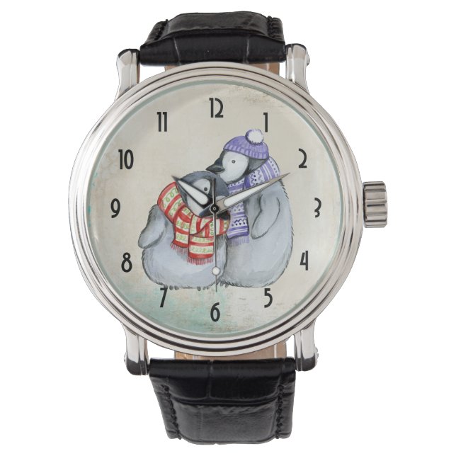 Montre Pingouins mignons en Écharpe d'hiver et Casquette (devant)
