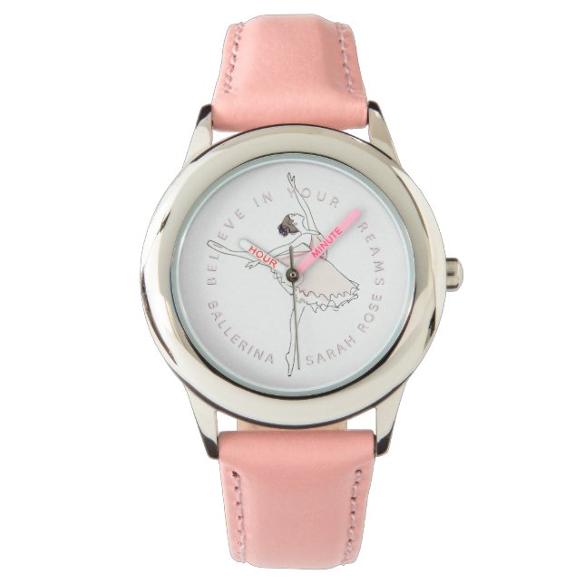 Montre Pink Ballerina Girl Nom personnalisé Dreams Watch (devant)