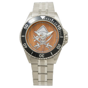 Montre Pirate argenté de chrome sur le décor de placage