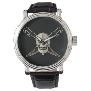Montre Pirate (Crâne) - Cuir Vintage noir personnalisé 